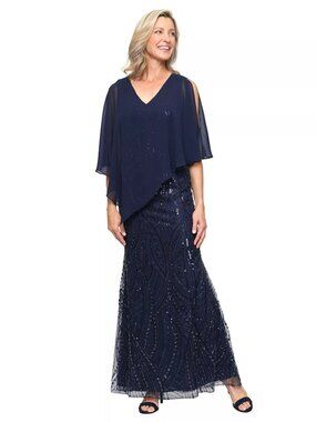 SLNY Navy Beaded Chiffon Cape Overlay Maxi MOTB Wedding Dress 20W